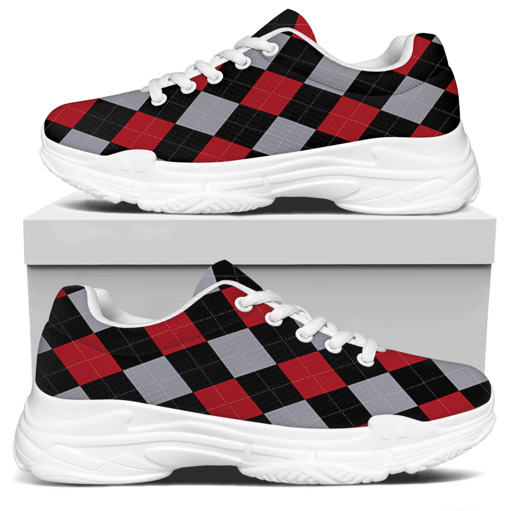 Black Red And Grey Argyle Pattern Print White Chunky Shoes