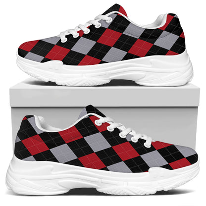 Black Red And Grey Argyle Pattern Print White Chunky Shoes