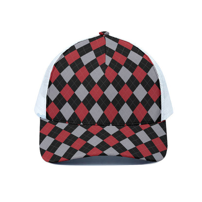 Black Red And Grey Argyle Pattern Print White Mesh Trucker Cap