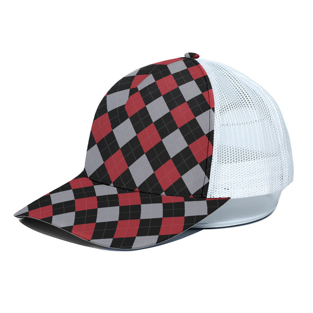 Black Red And Grey Argyle Pattern Print White Mesh Trucker Cap