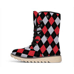 Black Red And Grey Argyle Pattern Print Winter Boots