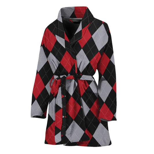 Black Red And Grey Argyle Pattern Print Women's Bathrobe