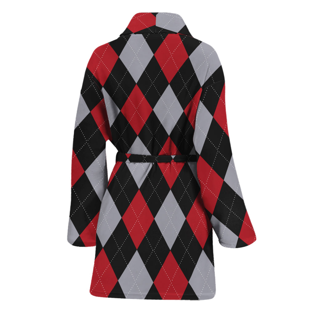 Black Red And Grey Argyle Pattern Print Women's Bathrobe