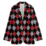 Black Red And Grey Argyle Pattern Print Women's Blazer