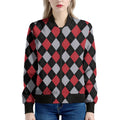 Black Red And Grey Argyle Pattern Print Women's Bomber Jacket