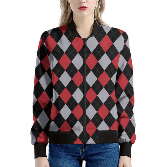 Black Red And Grey Argyle Pattern Print Women's Bomber Jacket
