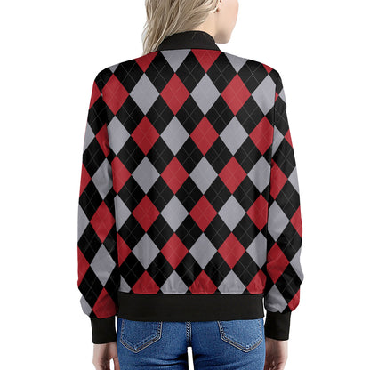 Black Red And Grey Argyle Pattern Print Women's Bomber Jacket