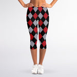 Black Red And Grey Argyle Pattern Print Women's Capri Leggings