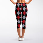 Black Red And Grey Argyle Pattern Print Women's Capri Leggings