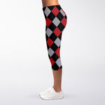 Black Red And Grey Argyle Pattern Print Women's Capri Leggings