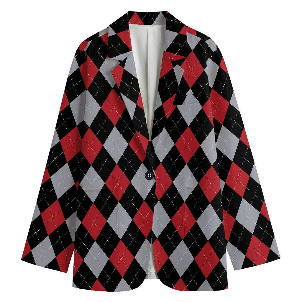 Black Red And Grey Argyle Pattern Print Women's Cotton Blazer
