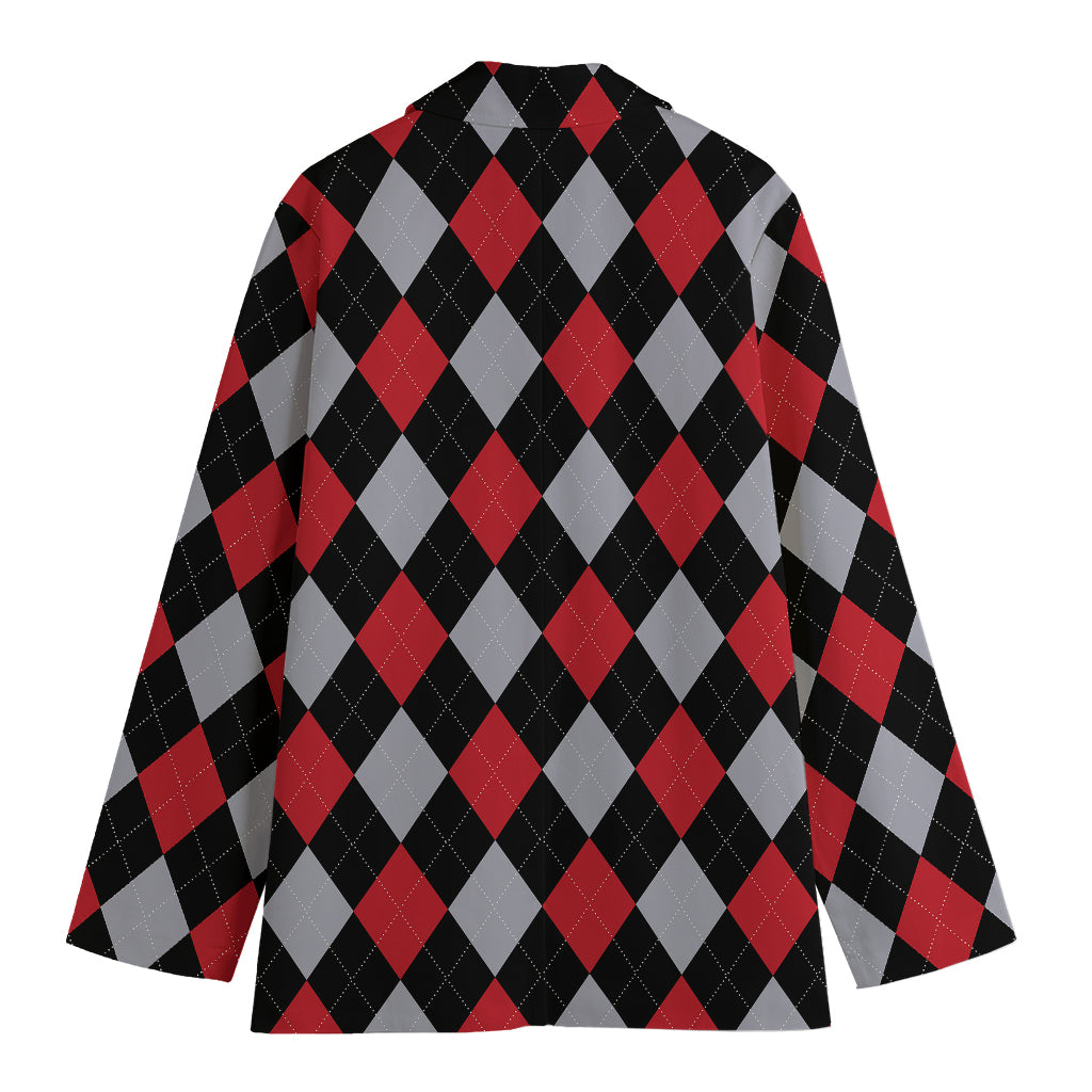 Black Red And Grey Argyle Pattern Print Women's Cotton Blazer