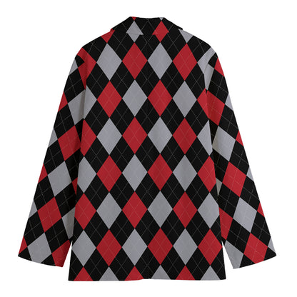 Black Red And Grey Argyle Pattern Print Women's Cotton Blazer