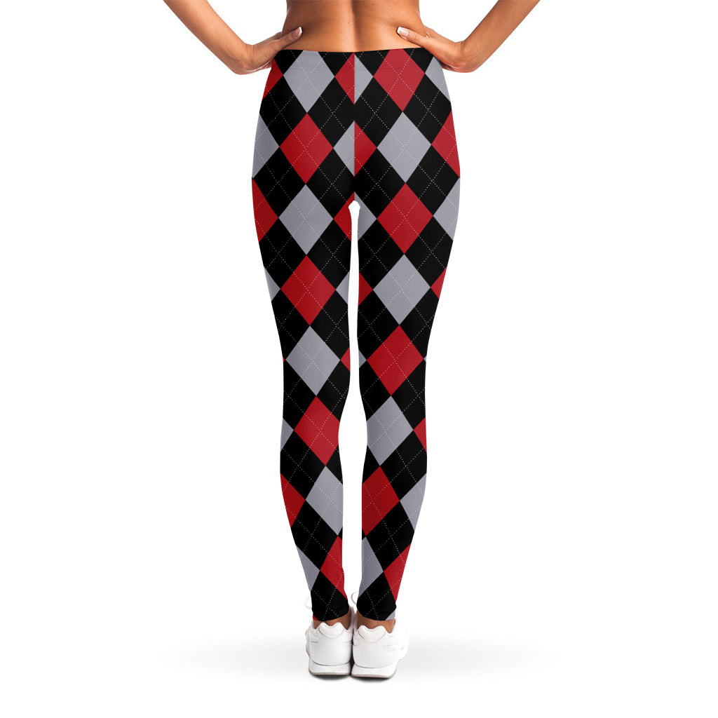 Black Red And Grey Argyle Pattern Print Women's Leggings