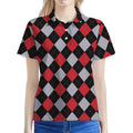 Black Red And Grey Argyle Pattern Print Women's Polo Shirt