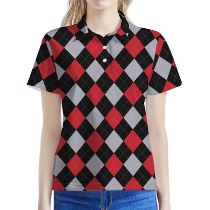 Black Red And Grey Argyle Pattern Print Women's Polo Shirt