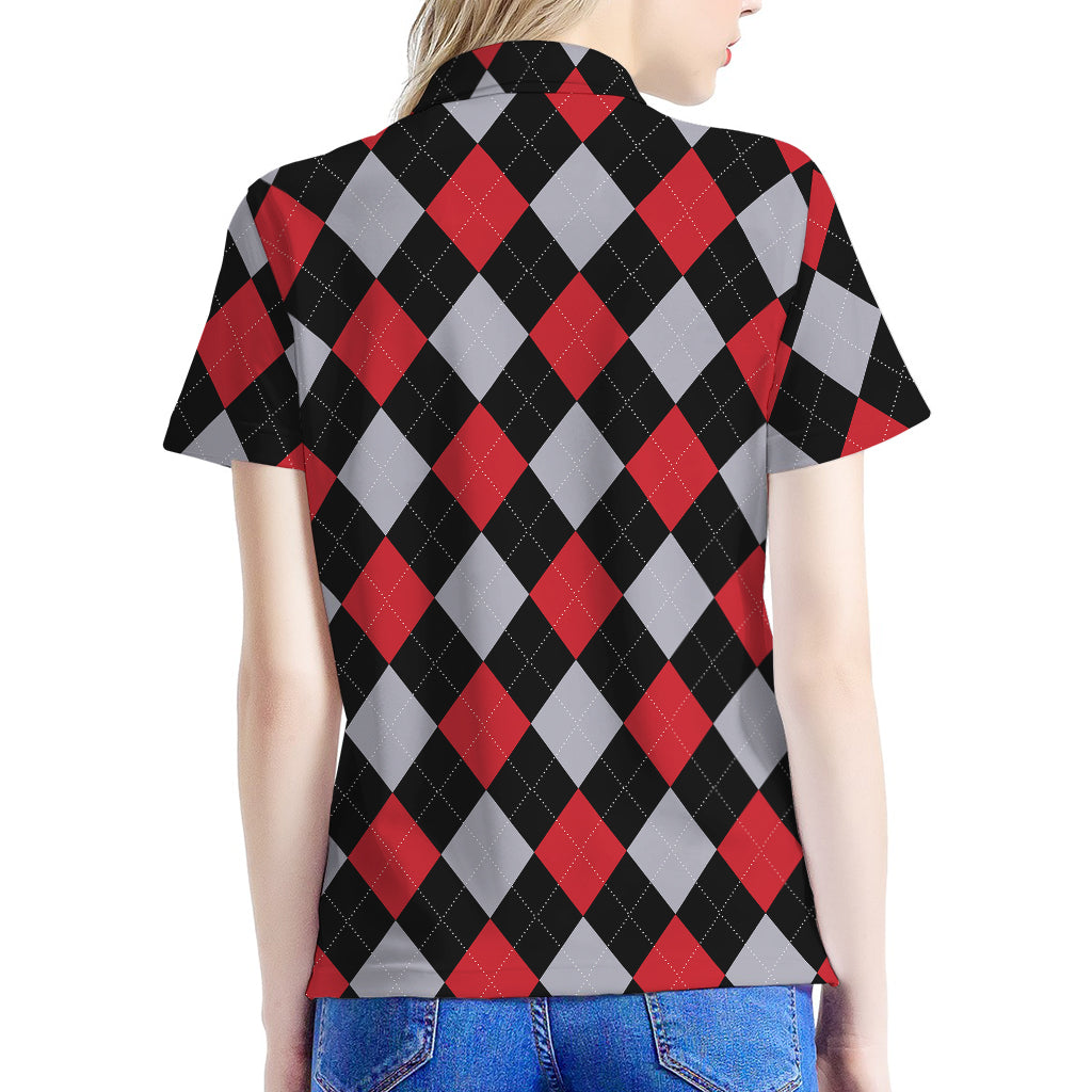 Black Red And Grey Argyle Pattern Print Women's Polo Shirt
