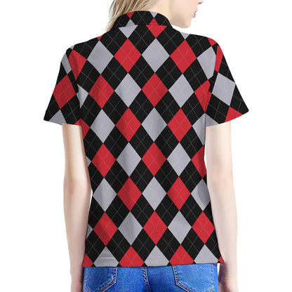 Black Red And Grey Argyle Pattern Print Women's Polo Shirt