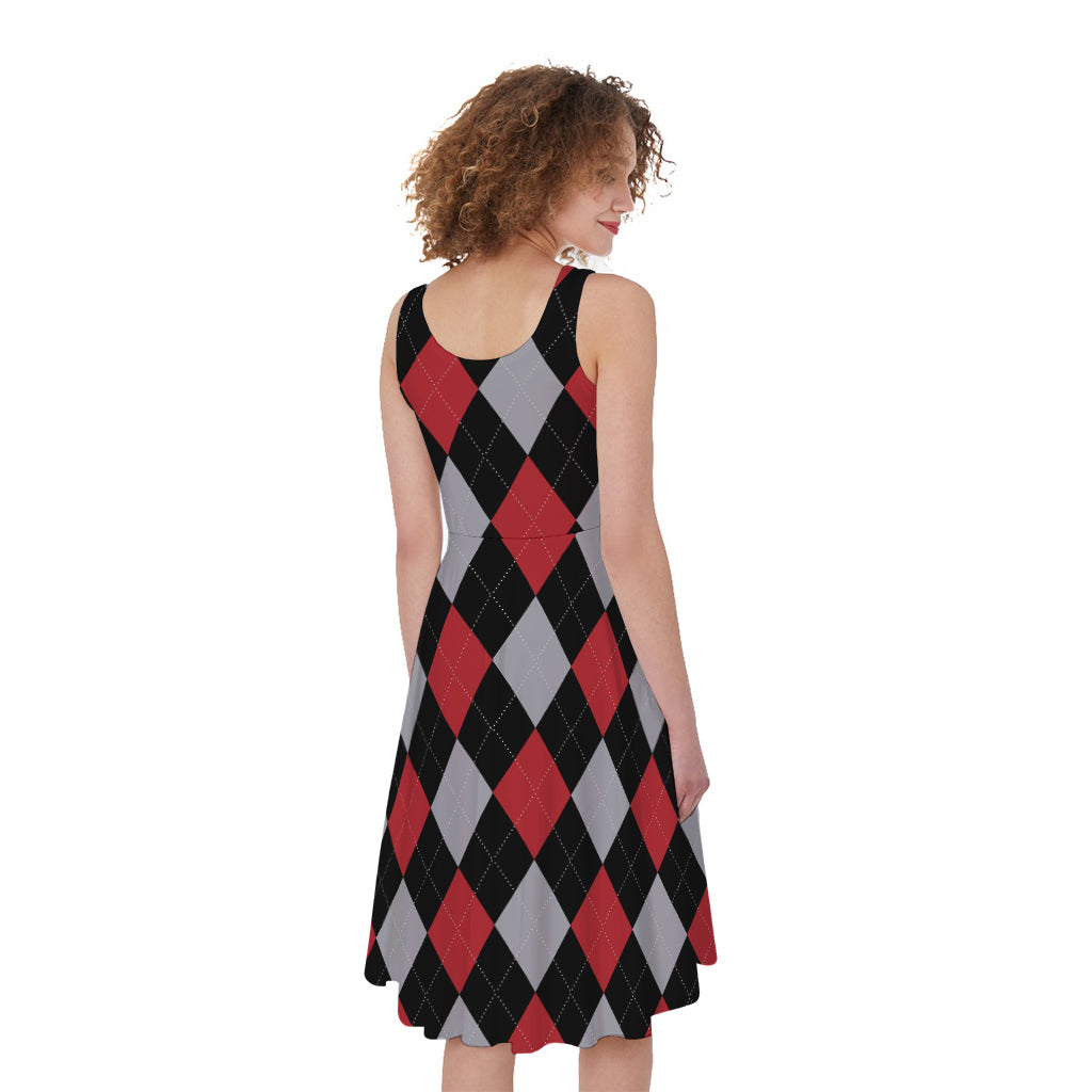 Black Red And Grey Argyle Pattern Print Women's Sleeveless Dress