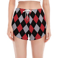 Black Red And Grey Argyle Pattern Print Women's Split Running Shorts