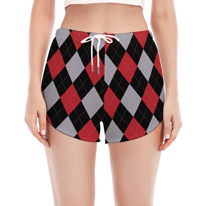 Black Red And Grey Argyle Pattern Print Women's Split Running Shorts