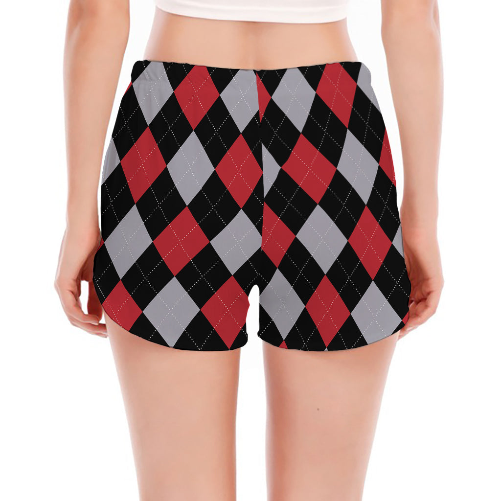 Black Red And Grey Argyle Pattern Print Women's Split Running Shorts
