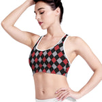 Black Red And Grey Argyle Pattern Print Women's Sports Bra
