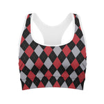 Black Red And Grey Argyle Pattern Print Women's Sports Bra