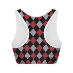Black Red And Grey Argyle Pattern Print Women's Sports Bra