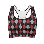 Black Red And Grey Argyle Pattern Print Women's Sports Bra