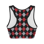 Black Red And Grey Argyle Pattern Print Women's Sports Bra