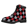Black Red And Grey Argyle Pattern Print Padded Collar Lace Up Boots