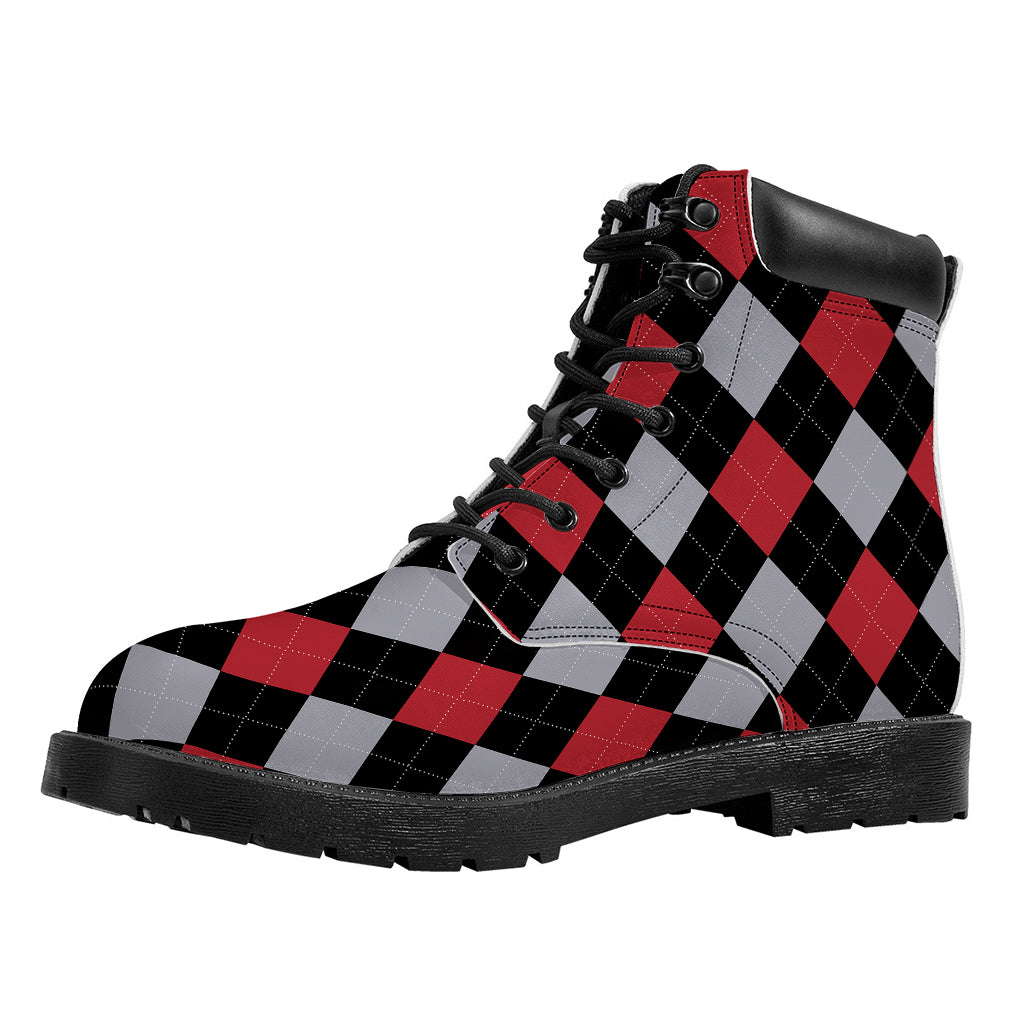 Black Red And Grey Argyle Pattern Print Work Boots