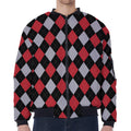 Black Red And Grey Argyle Pattern Print Zip Sleeve Bomber Jacket