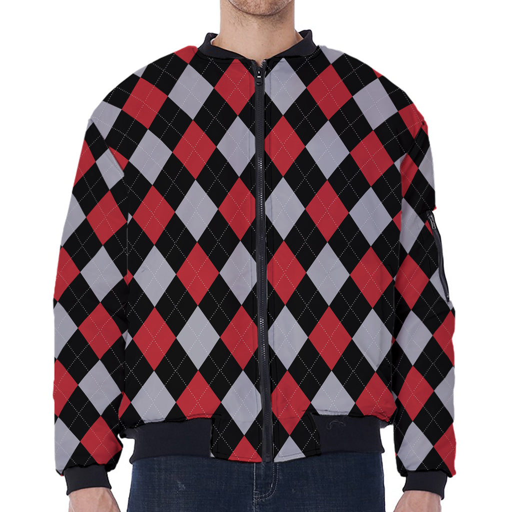 Black Red And Grey Argyle Pattern Print Zip Sleeve Bomber Jacket
