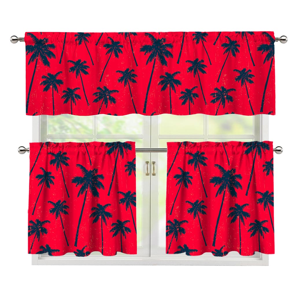 Black Red Palm Tree Pattern Print 3 Piece Kitchen Curtains
