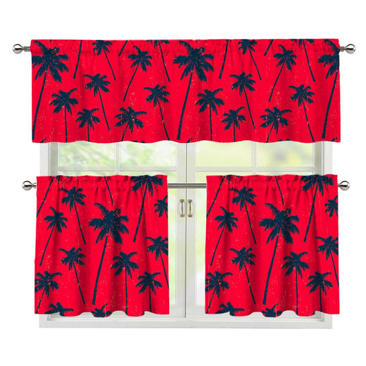 Black Red Palm Tree Pattern Print 3 Piece Kitchen Curtains