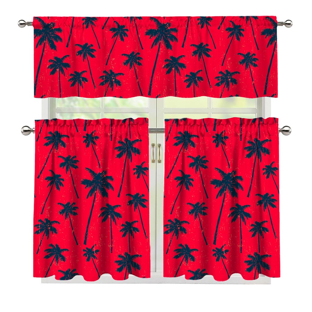 Black Red Palm Tree Pattern Print 3 Piece Kitchen Curtains