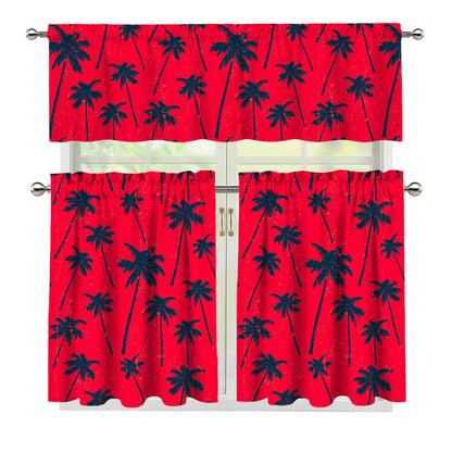 Black Red Palm Tree Pattern Print 3 Piece Kitchen Curtains