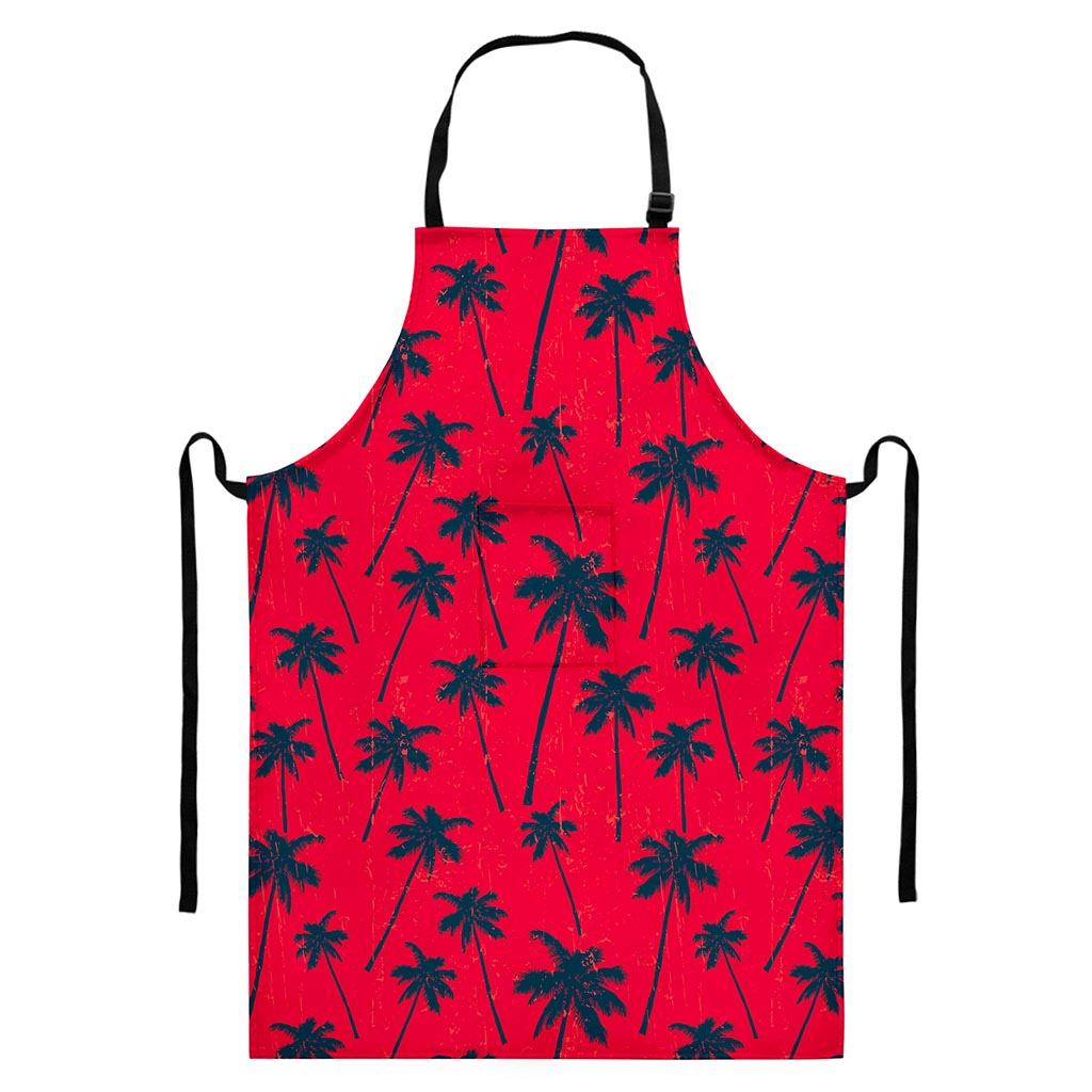 Black Red Palm Tree Pattern Print Bib Apron With Pocket