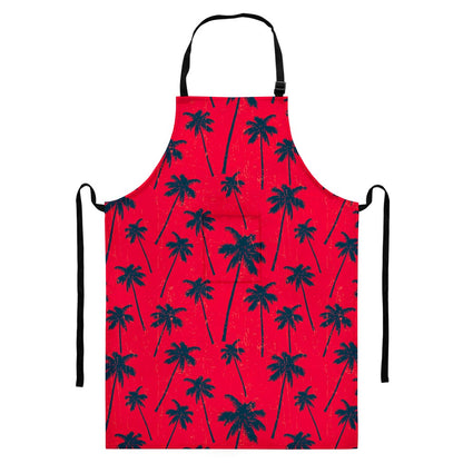 Black Red Palm Tree Pattern Print Bib Apron With Pocket
