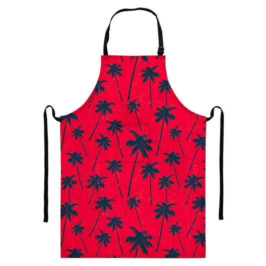 Black Red Palm Tree Pattern Print Bib Apron With Pocket
