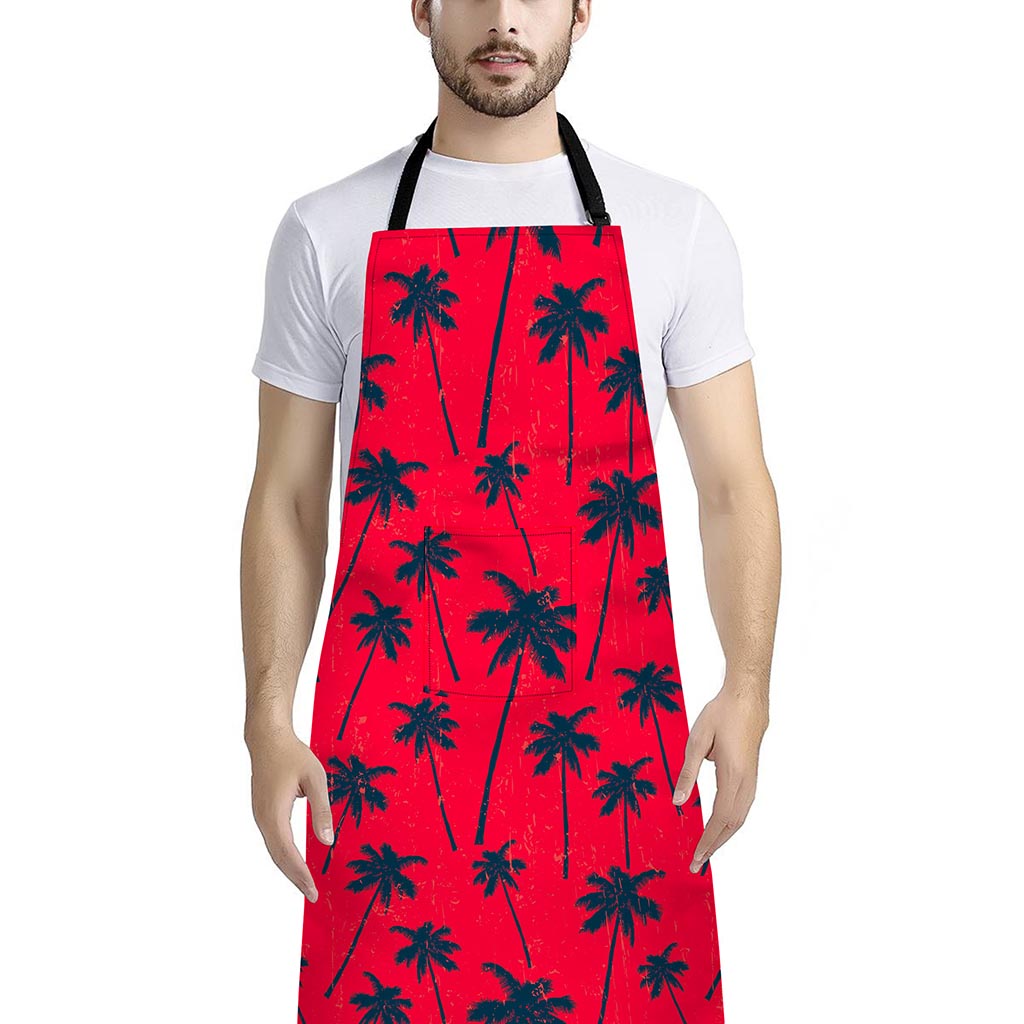 Black Red Palm Tree Pattern Print Bib Apron With Pocket