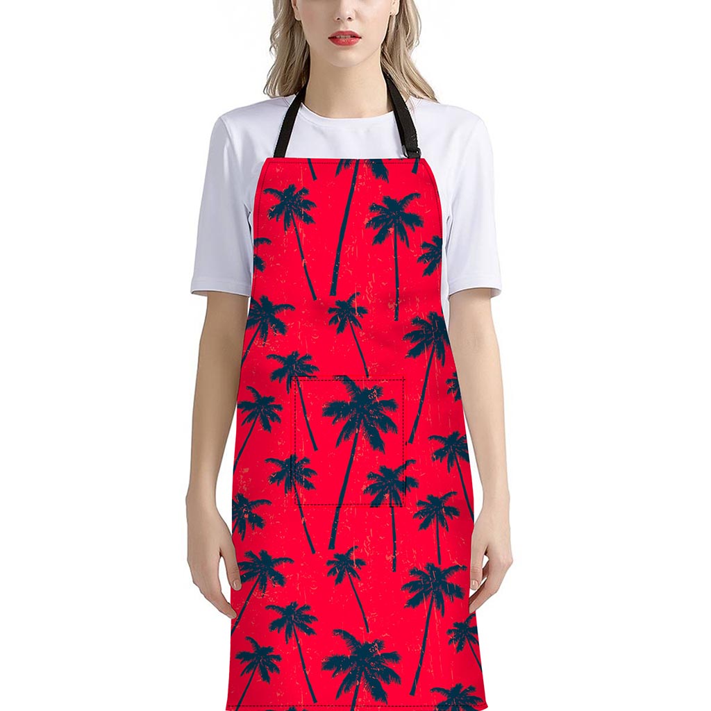 Black Red Palm Tree Pattern Print Bib Apron With Pocket