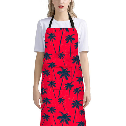 Black Red Palm Tree Pattern Print Bib Apron With Pocket
