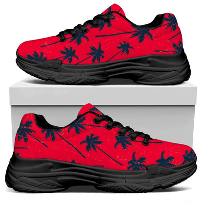 Black Red Palm Tree Pattern Print Black Chunky Shoes