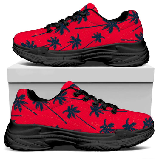 Black Red Palm Tree Pattern Print Black Chunky Shoes
