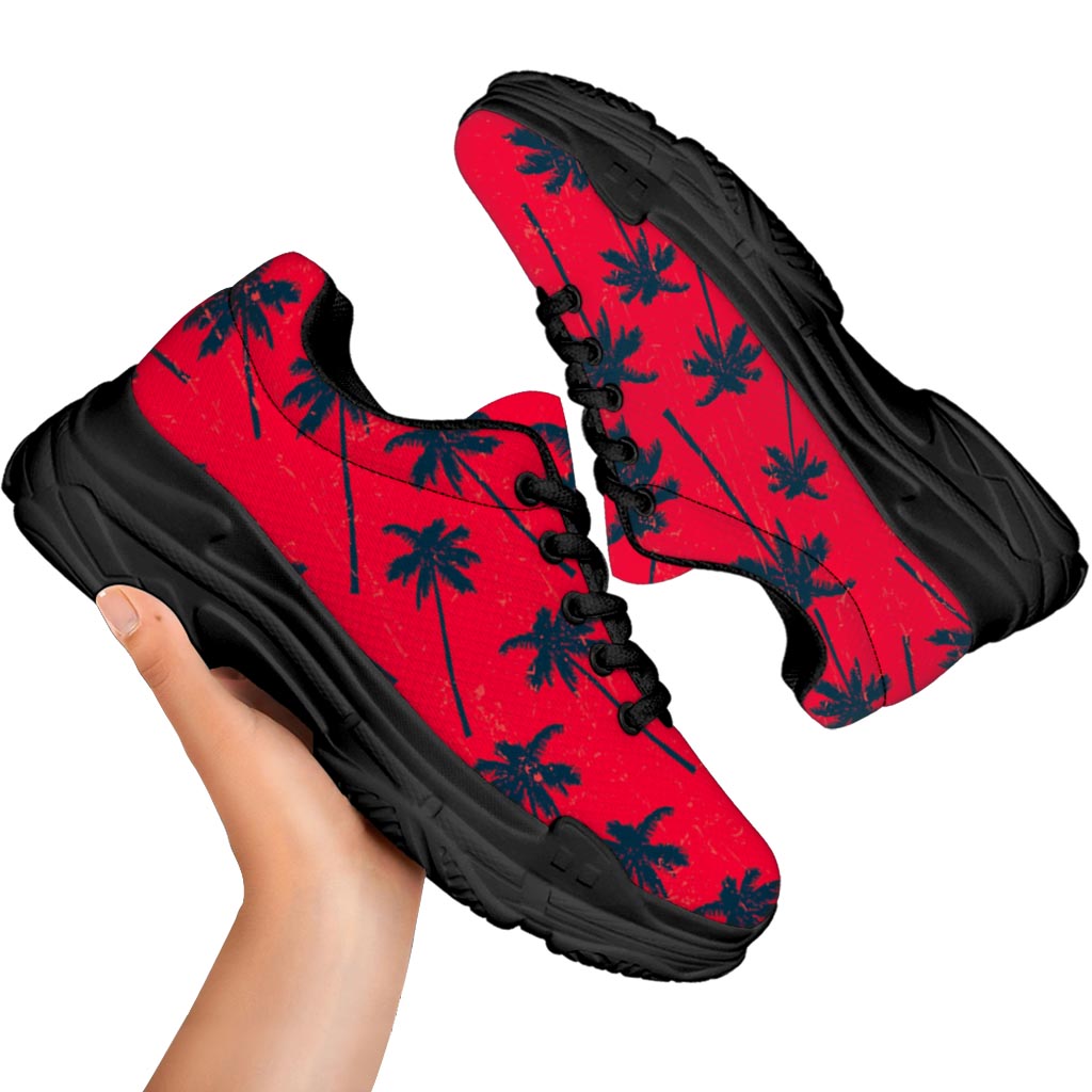 Black Red Palm Tree Pattern Print Black Chunky Shoes
