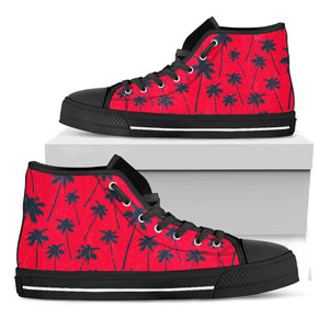 Black Red Palm Tree Pattern Print Black High Top Sneakers