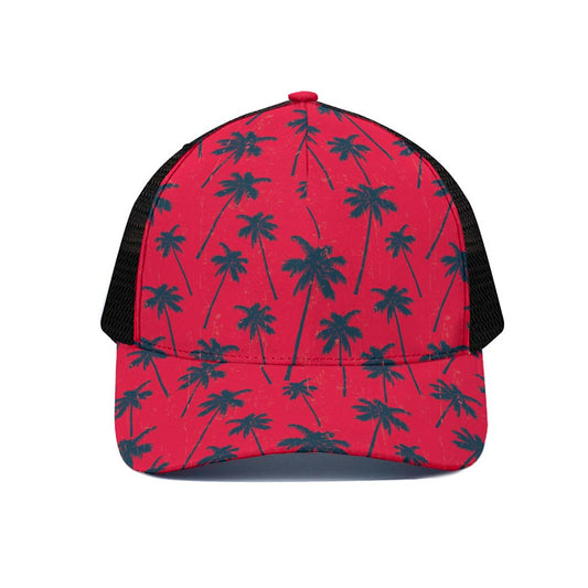 Black Red Palm Tree Pattern Print Black Mesh Trucker Cap